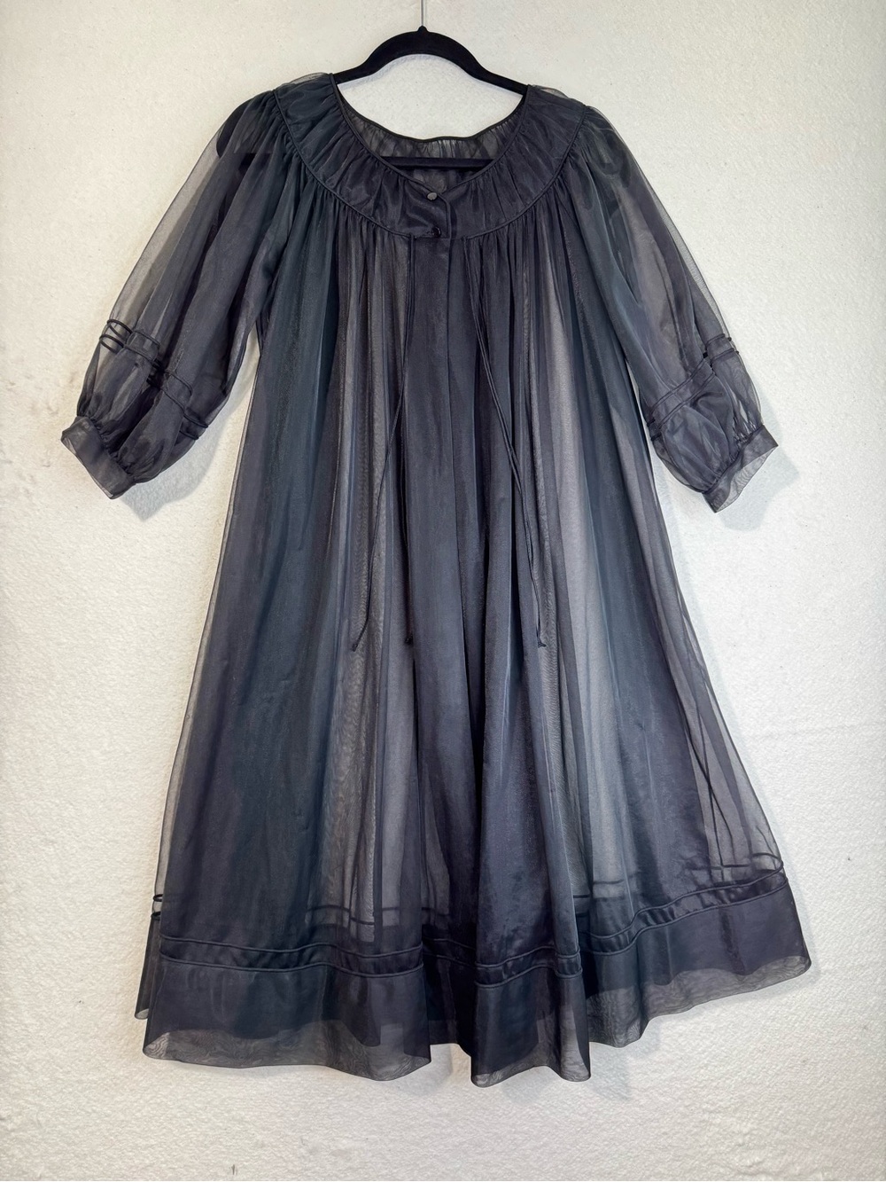 VTG 1960s Lingerie Sheer Black Mesh Peignoir Overlay Robe Delicate Ribbon Ties